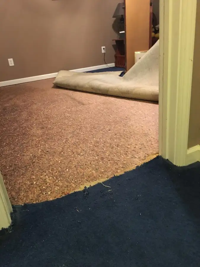 Carpet pad removal revealing water damage during Water Mitigation Services in Country Walk